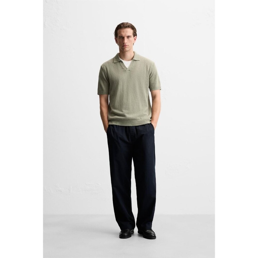 Zara Mens Polo Shirt Large Green Linen Blend Short Sleeve Collared 9598/345 NWT
